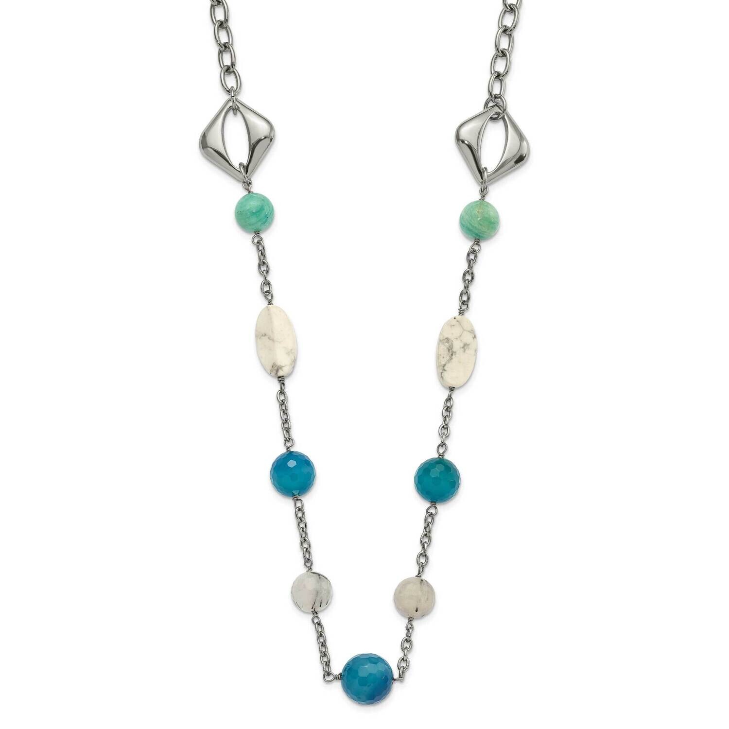 Blue Jade Green Agate &amp; Howlite 1.5 Inch Extension Necklace Stainless Steel SRN564-26