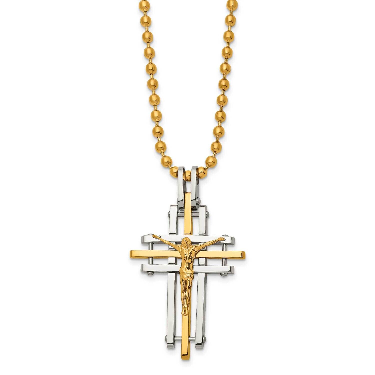 Chisel Polished Yellow Ip-Plated Crucifix Pendant On A 24 Inch Ball Chain Necklace Stainless Steel …