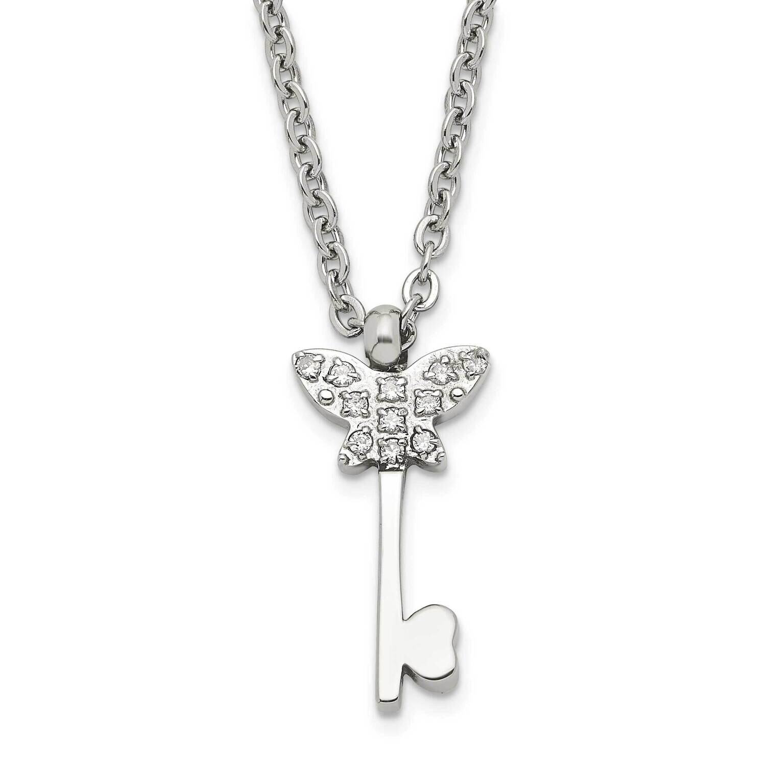 Polished CZ Butterfly Key 2 Inch Extension Necklace Stainless Steel SRN1436-16