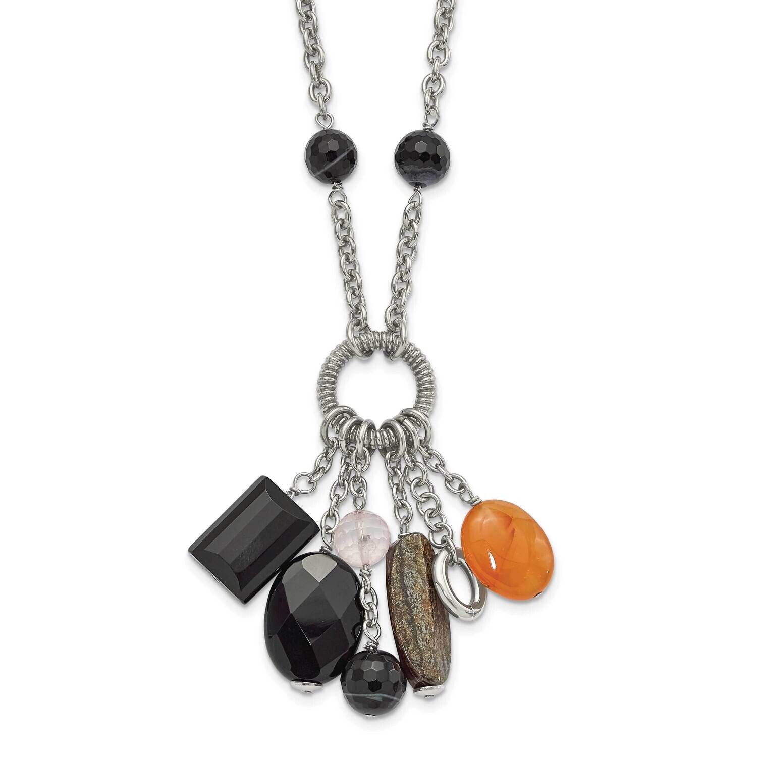 Black Agate Moonstone &amp; Crystal 2 Inch Extension Necklace Stainless Steel SRN558-26