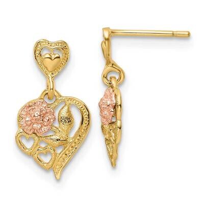 Heart Flower Post Dangle Earrings 14k Two-Tone Gold TE883, MPN: TE883, 63721810808