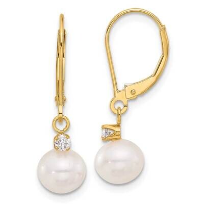 7-8mm Round White Fwc Pearl .10Ct Diamond Leverback Earrings 14k Gold XF850E, MPN: XF850E,