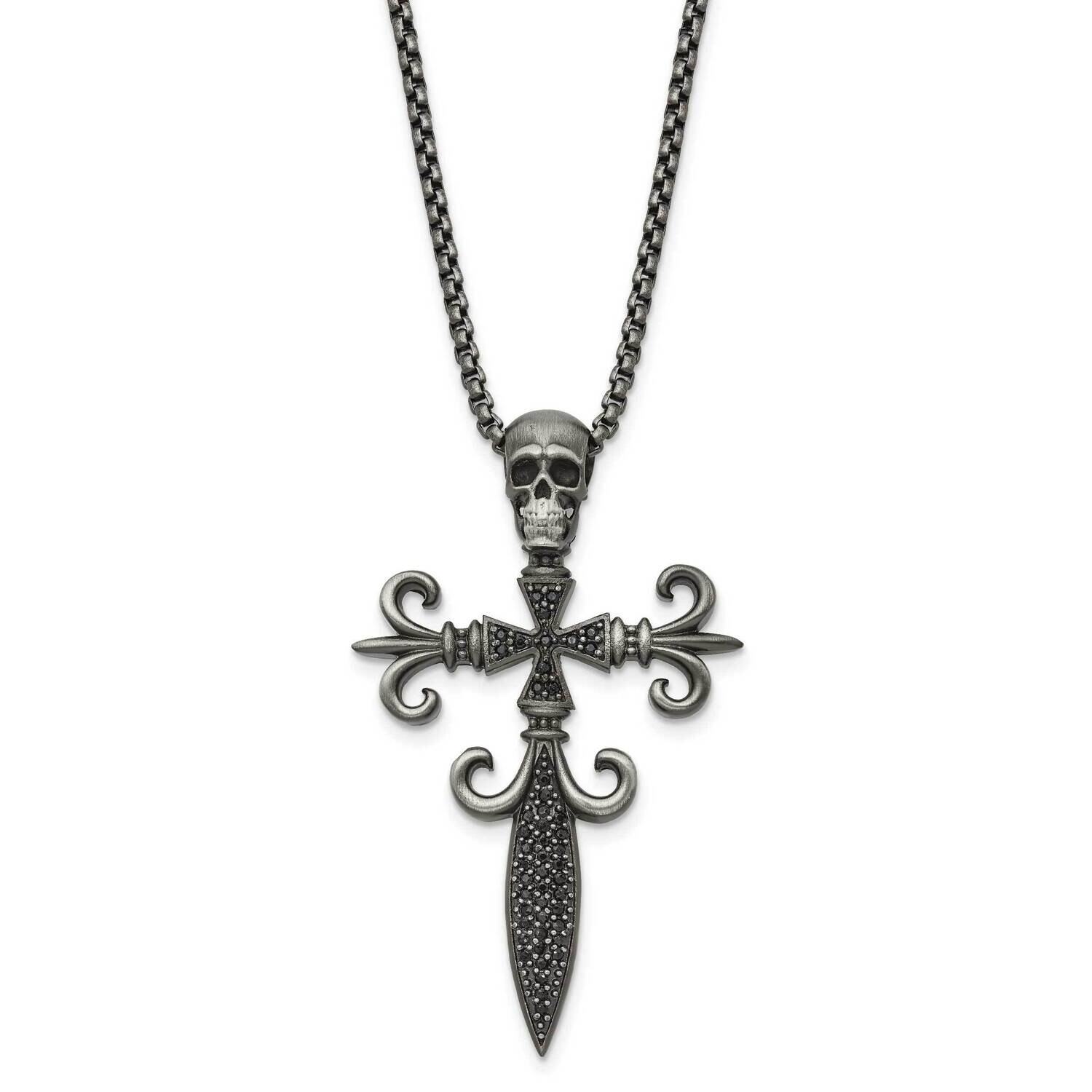 Chisel Antique White Bronze-Plated CZ Cross Skull Pendant On A 24 Inch Box Chain Necklace Stainless…