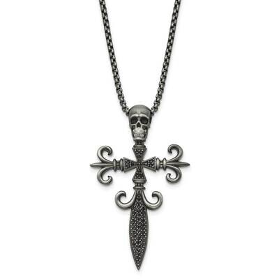 Chisel Antique White Bronze-Plated CZ Cross Skull Pendant On A 24 Inch Box Chain Necklace Stainless…