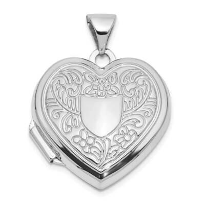 Polished Fancy Floral Border Crest 18mm Heart Locket 14k White Gold XL858W, MPN: XL858W,