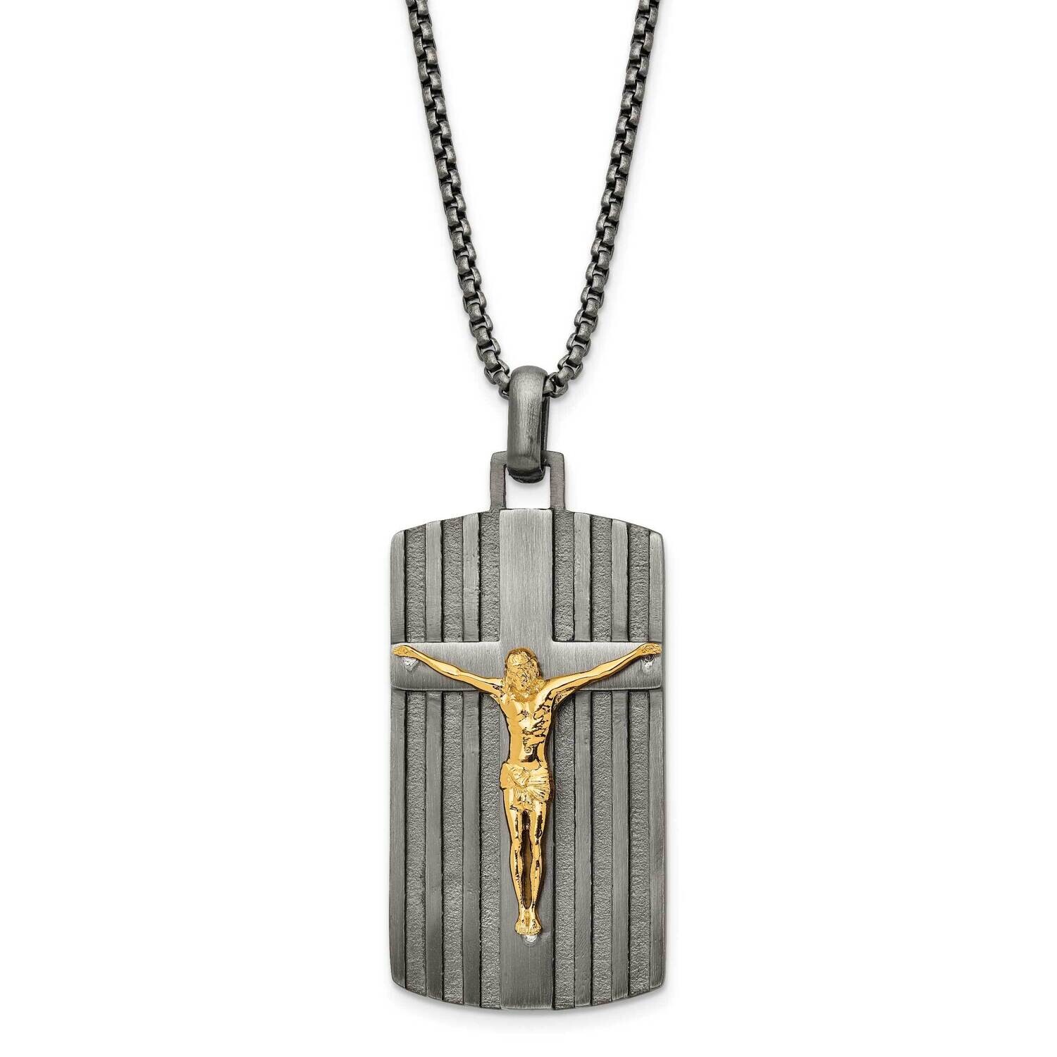 Chisel Brushed Yellow Ip-Plated Crucifix Dog Tag On A 24 Inch Boxchain Necklace Stainless Steel SRN3034-24