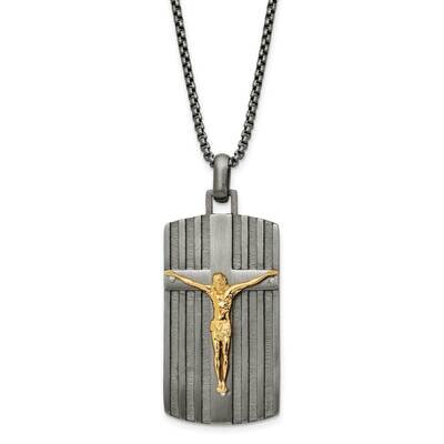 Chisel Brushed Yellow Ip-Plated Crucifix Dog Tag On A 24 Inch Boxchain Necklace Stainless Steel SRN…