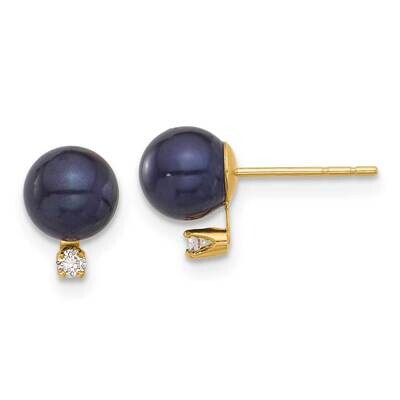 6-7mm Round Black Fwc Pearl .06Ct Diamond Post Earrings 14k Gold XF844E, MPN: XF844E,