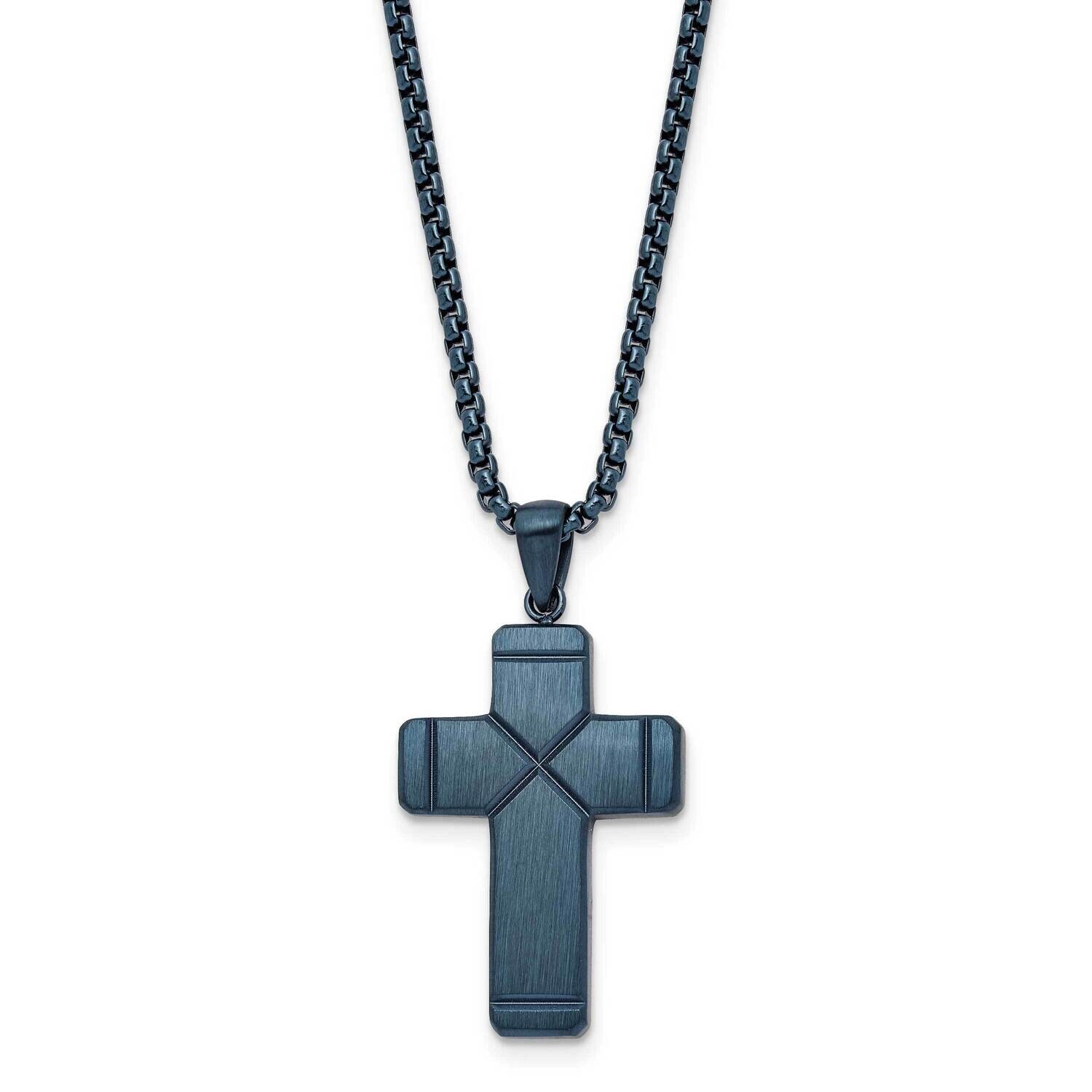 Chisel Brushed Polished Blue Ip-Plated Cross Pendant On A 19.75 Inch Box Chain Necklace Stainless S…