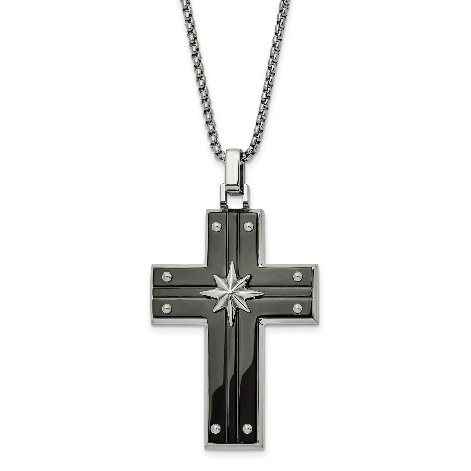 Chisel Polished Black Ip-Plated Cross Starburst Pendant On A 24 Inch Box Chain Necklace Stainless S…