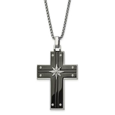 Chisel Polished Black Ip-Plated Cross Starburst Pendant On A 24 Inch Box Chain Necklace Stainless S…