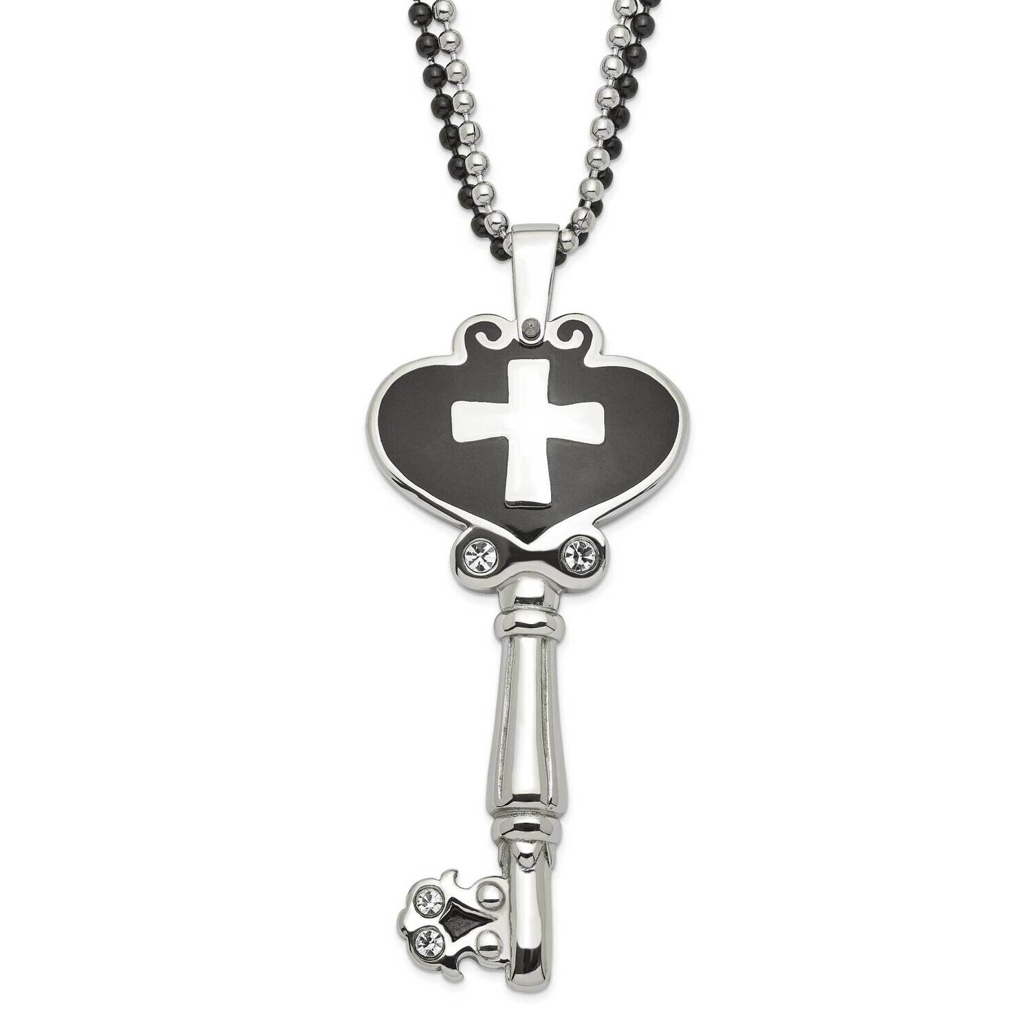 Black Enamel Polished CZ Heart Cross Key Necklace Stainless Steel SRN622-28