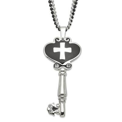 Black Enamel Polished CZ Heart Cross Key Necklace Stainless Steel SRN622-28 by Chisel, MPN: SRN622-…