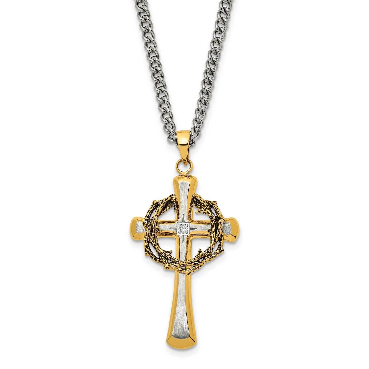 Chisel Brushed Polished Yellow Ip-Plated CZ Philippians 4:13 Cross On A 24 Inch Curb Chain Necklace Stainless Steel SRN3094-24