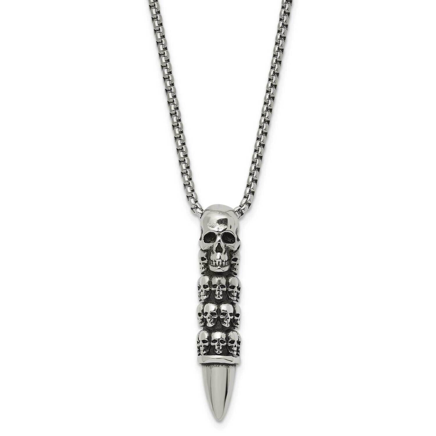 Chisel Antiqued Polished Bullet Skulls Pendant On A 25.5 Inch Box Chain Necklace Stainless Steel SR…