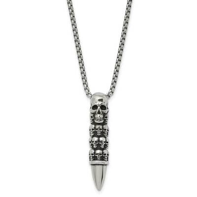 Chisel Antiqued Polished Bullet Skulls Pendant On A 25.5 Inch Box Chain Necklace Stainless Steel SR…