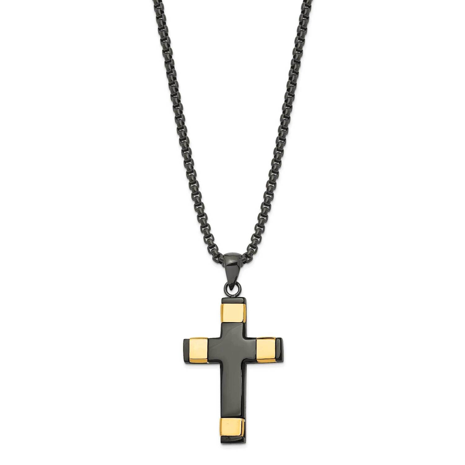Chisel Polished Black Yellow Ip-Plated Cross Pendant On A 19.75 Inch Box Chain Necklace Stainless S…