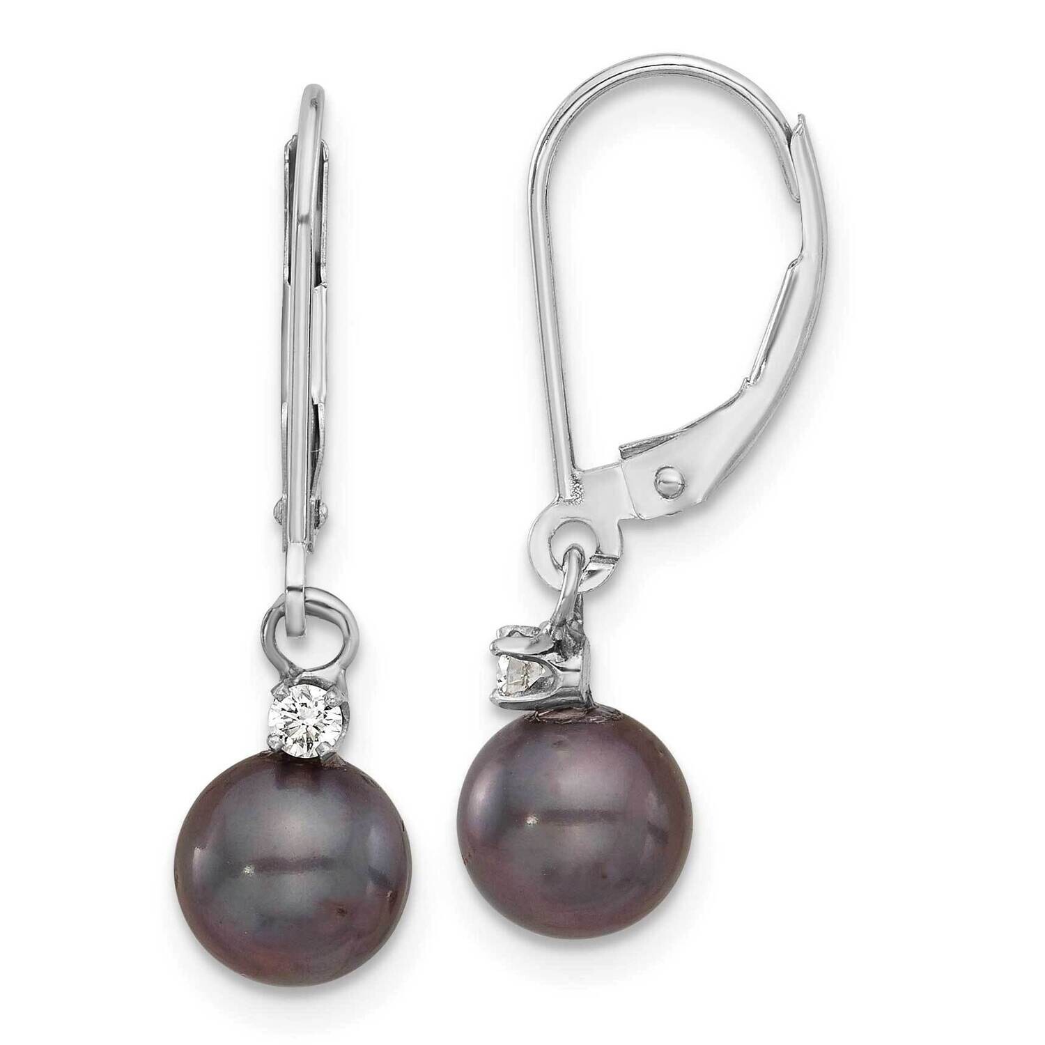 7-8mm Round Black Fwc Pearl .10Ct Diamond Dangle Earrings 14k White Gold XF851E, MPN: XF851E,
