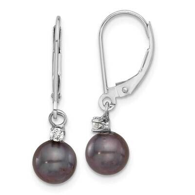 7-8mm Round Black Fwc Pearl .10Ct Diamond Dangle Earrings 14k White Gold XF851E, MPN: XF851E,