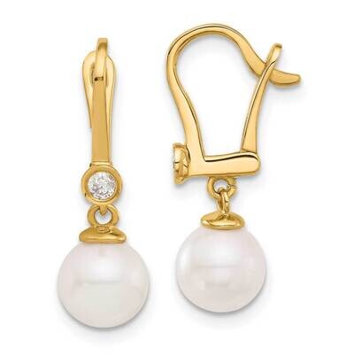 7-8mm Round White Akoya Pearl .10Ct Diamond Dangle Earrings 14k Gold XF837E, MPN: XF837E,