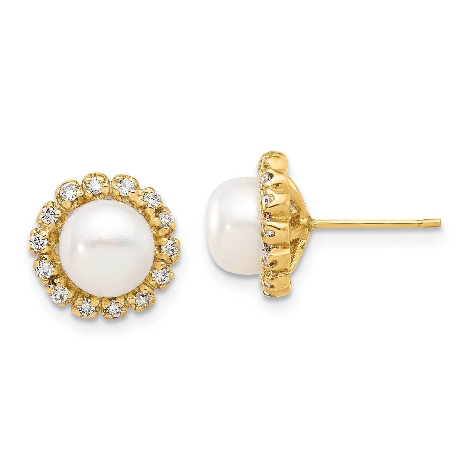 7-8mm Button Freshwater Cultured Pearl .28Ct Diamond Post Earrings 14k Gold XF848E