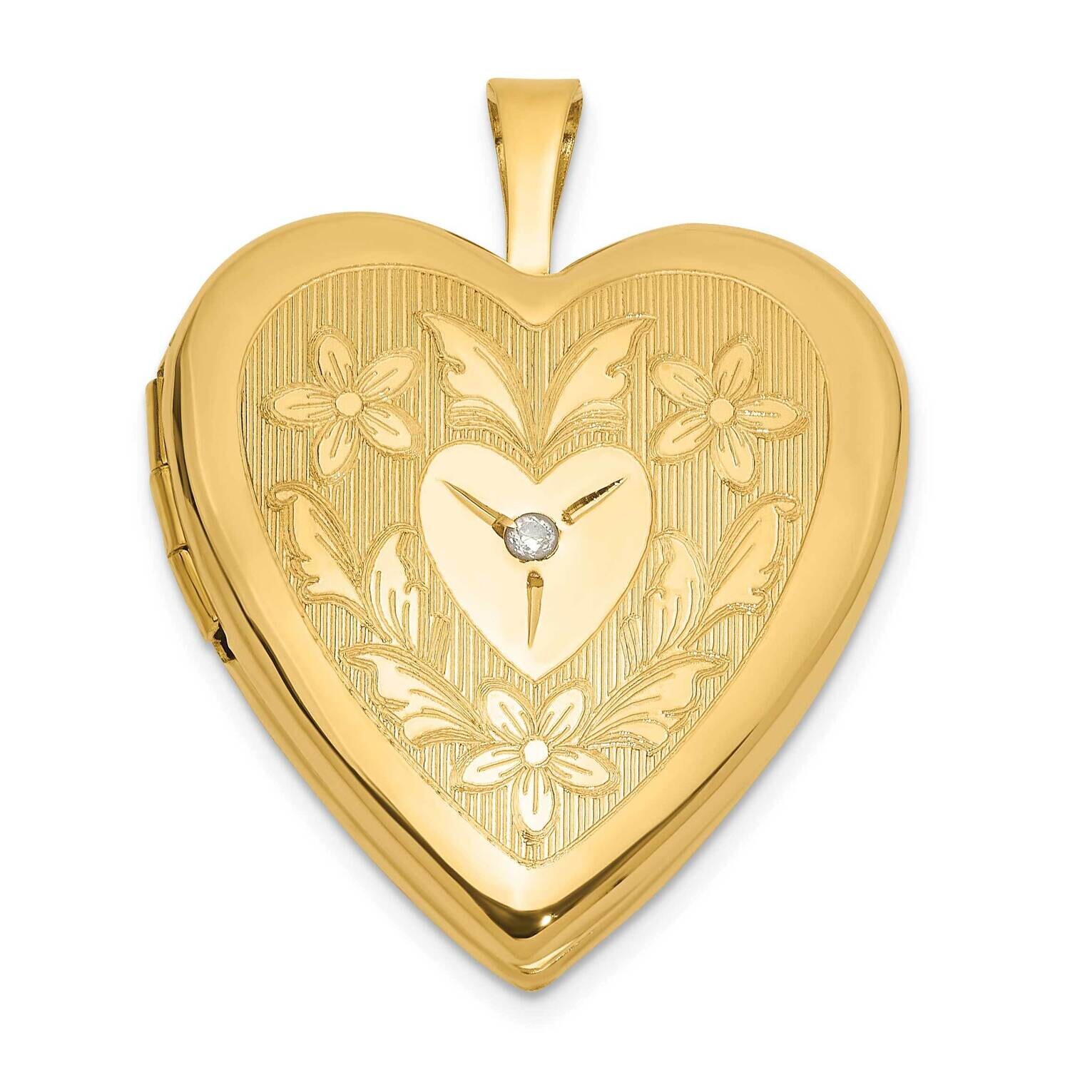 20mm Polished Floral Design Diamond Heart Locket 14k Gold XL848