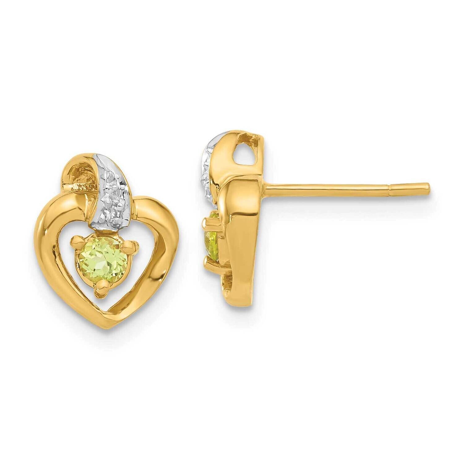 .01Ct Diamond &amp; Peridot Birthstone Heart Earrings 14k Gold XBS180