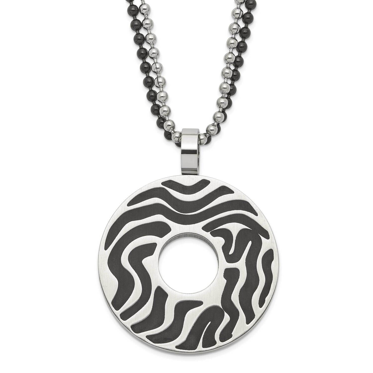 Black Ip-Plated &amp; Black Rubber Swirl Circle Necklace Stainless Steel SRN576-22