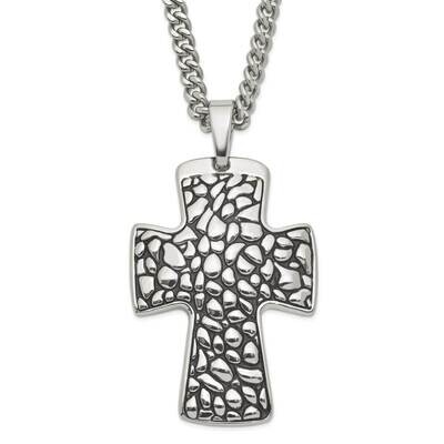 Black Enamel Pebble Textured Cross Pendant Necklace Stainless Steel SRN868-22 by Chisel, MPN: SRN86…