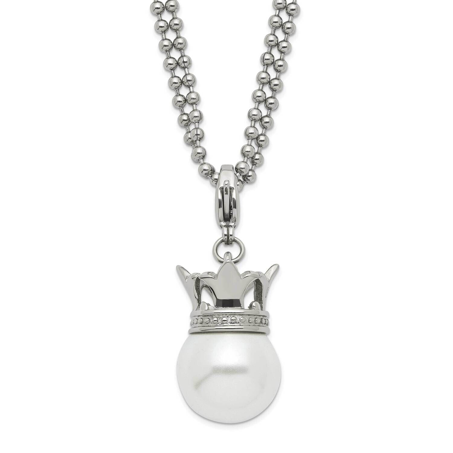 Polished Simulated Pearl Crown Charm Necklace Stainless Steel SRN578-22 by Chisel, MPN: SRN578-22, …