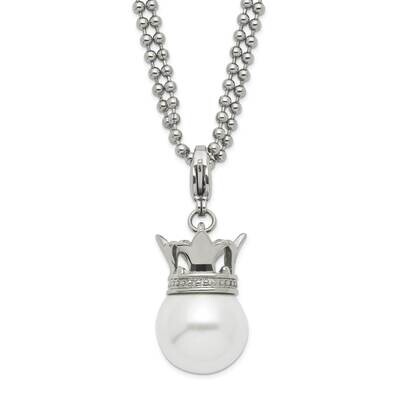 Polished Simulated Pearl Crown Charm Necklace Stainless Steel SRN578-22 by Chisel, MPN: SRN578-22, …