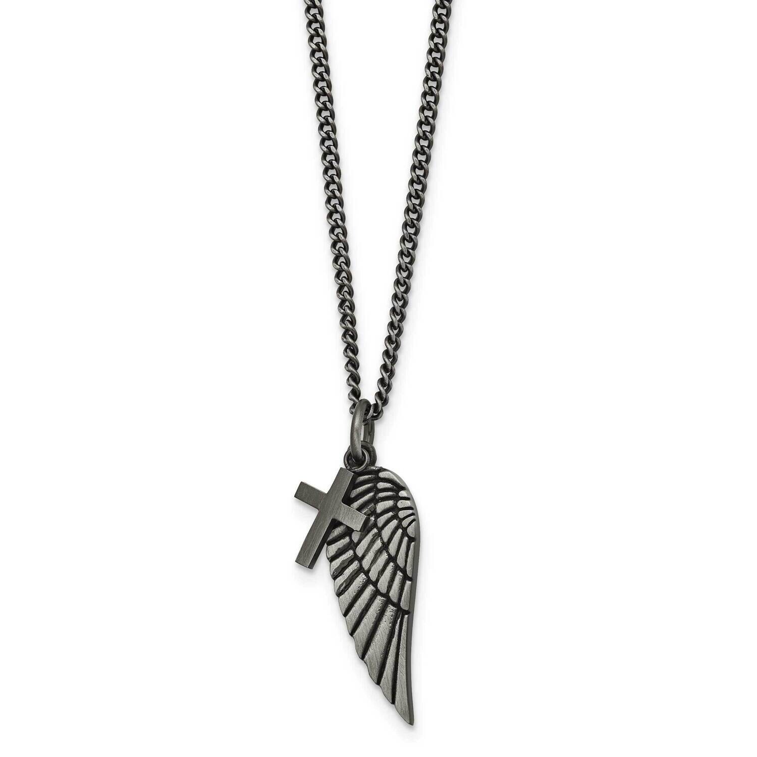 Chisel Antiqued Wing Cross Pendant On A 19.75 In Curb Chain 2 Inch Extension Necklace Stainless Ste…