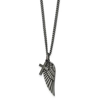 Chisel Antiqued Wing Cross Pendant On A 19.75 In Curb Chain 2 Inch Extension Necklace Stainless Ste…