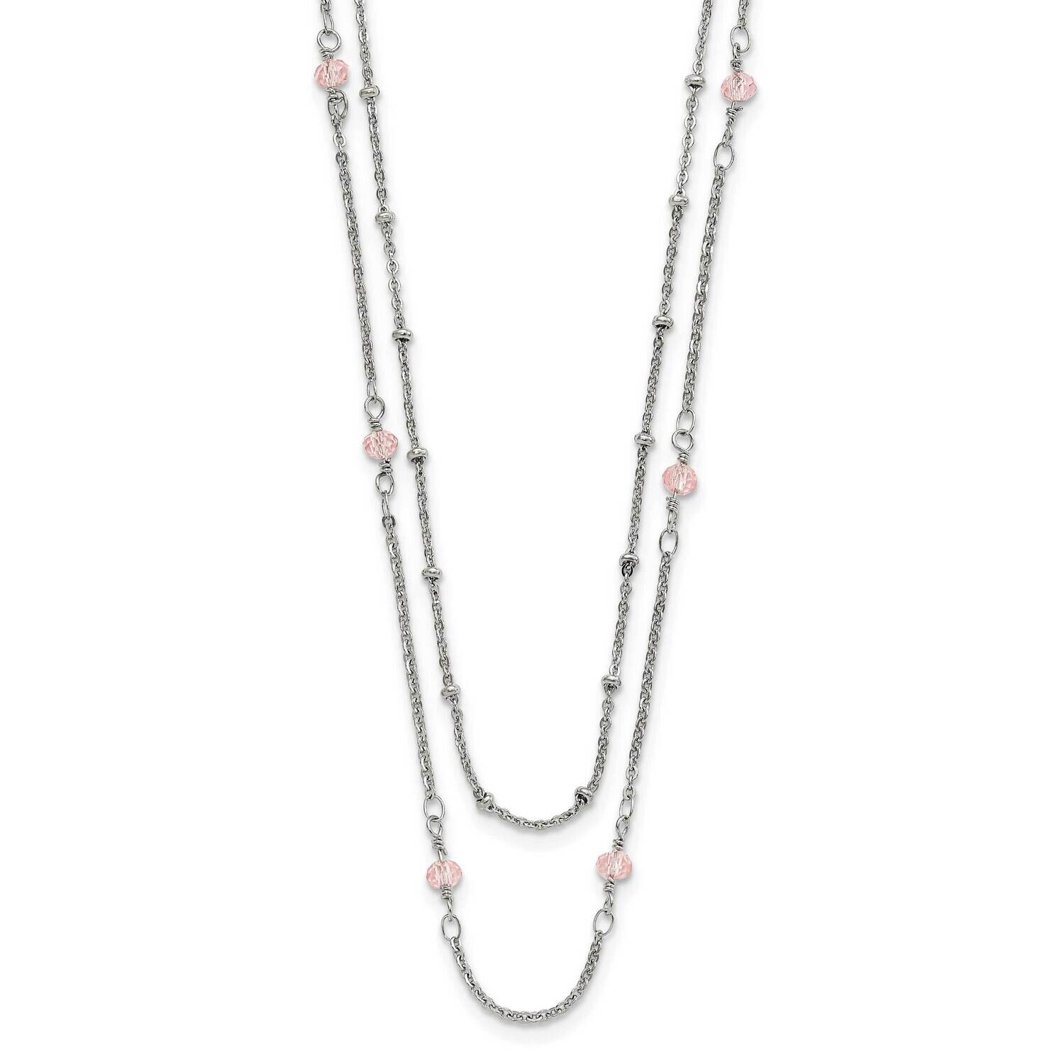 Chisel Polished 2-StrPink Crystal Beaded 16 Inch 1 Inch Extension Necklace Stainless Steel SRN3102-…