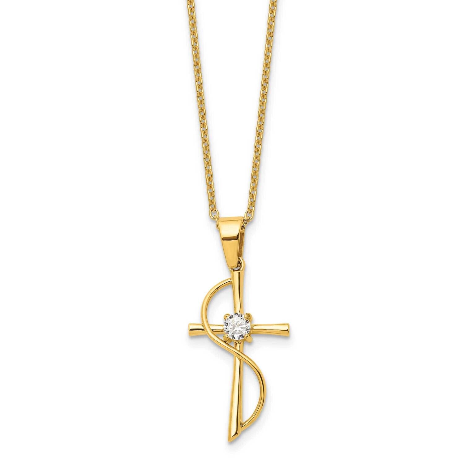 Chisel Polished Yellow Ip-Plated CZ Cross Pendant On A 17.75 Inch Cable Chain Necklace Stainless St…