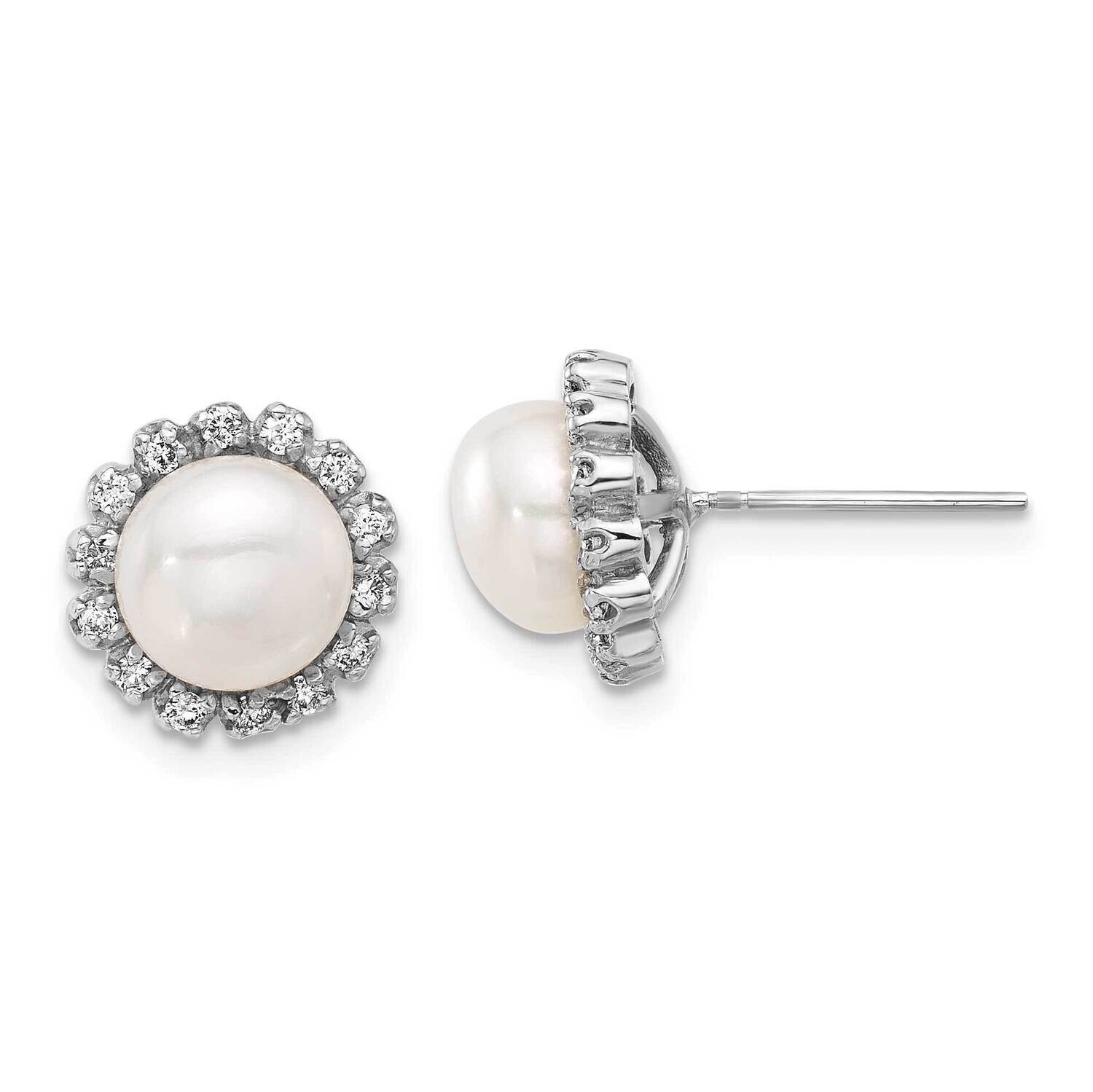 7-8mm Button White Fwc Pearl .28Ct Diamond Post Earrings 14k White Gold XFW848E