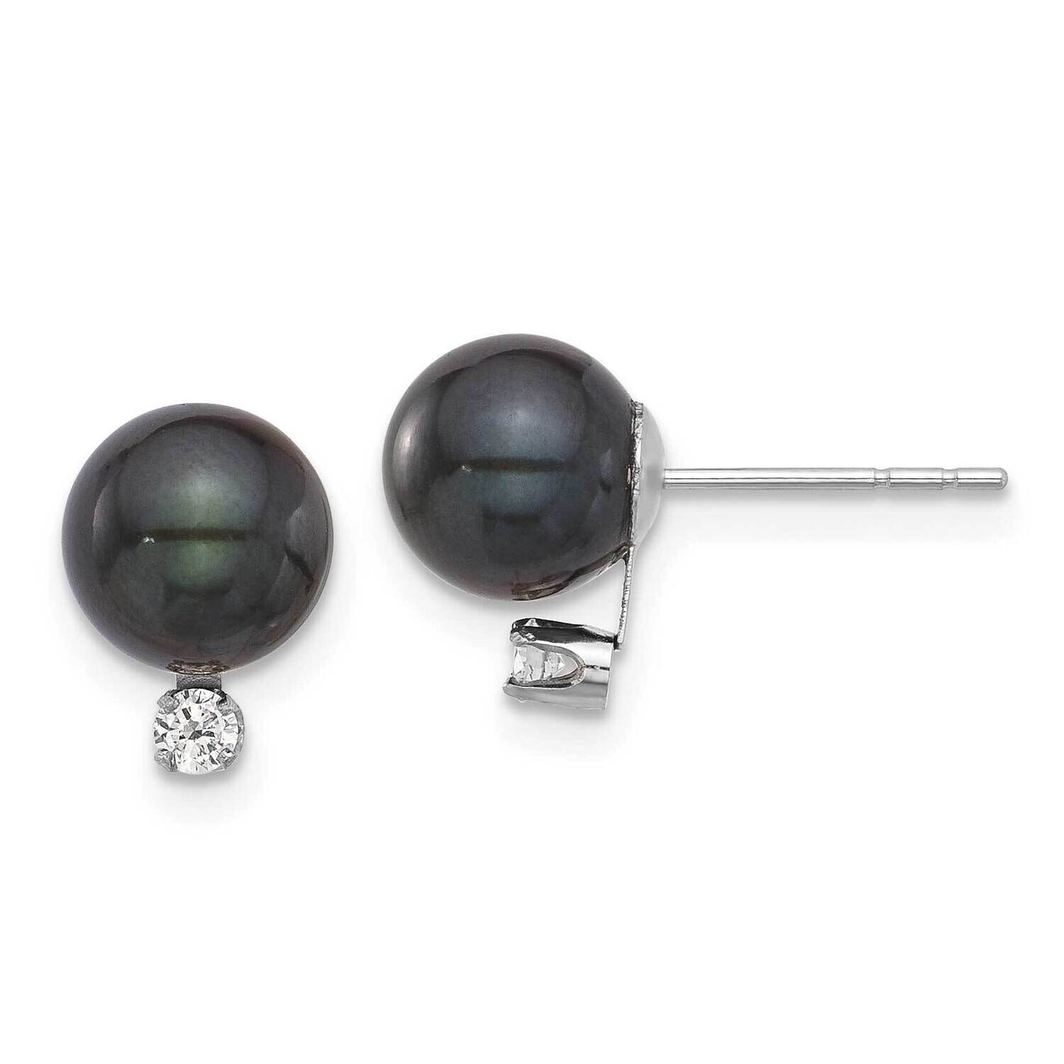 7-8mm Round Black Akoya Pearl &amp; .10Ct Diamond Post Earrings 14k White Gold XFW835E