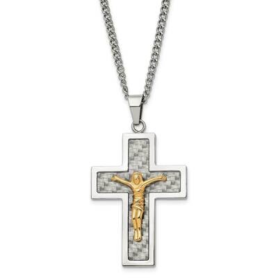 Chisel Polished Yellow Ip-Plated Grey Carbon Fiber Inlay Crucifix Pendant On A 24 Inch Curb Chain N…