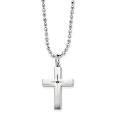 Chisel Brushed Polished 0.015 Carat Black Diamond Cross Pendant On A 24 Inch Ball Chain Necklace St…