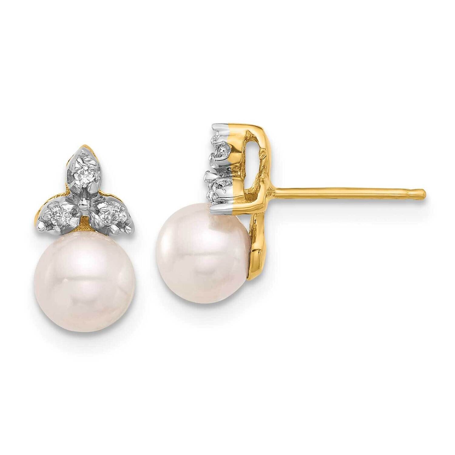 5-6mm Round White Fwc Pearl .06Ct Diamond Post Earrings 14k Gold XF846E, MPN: XF846E,