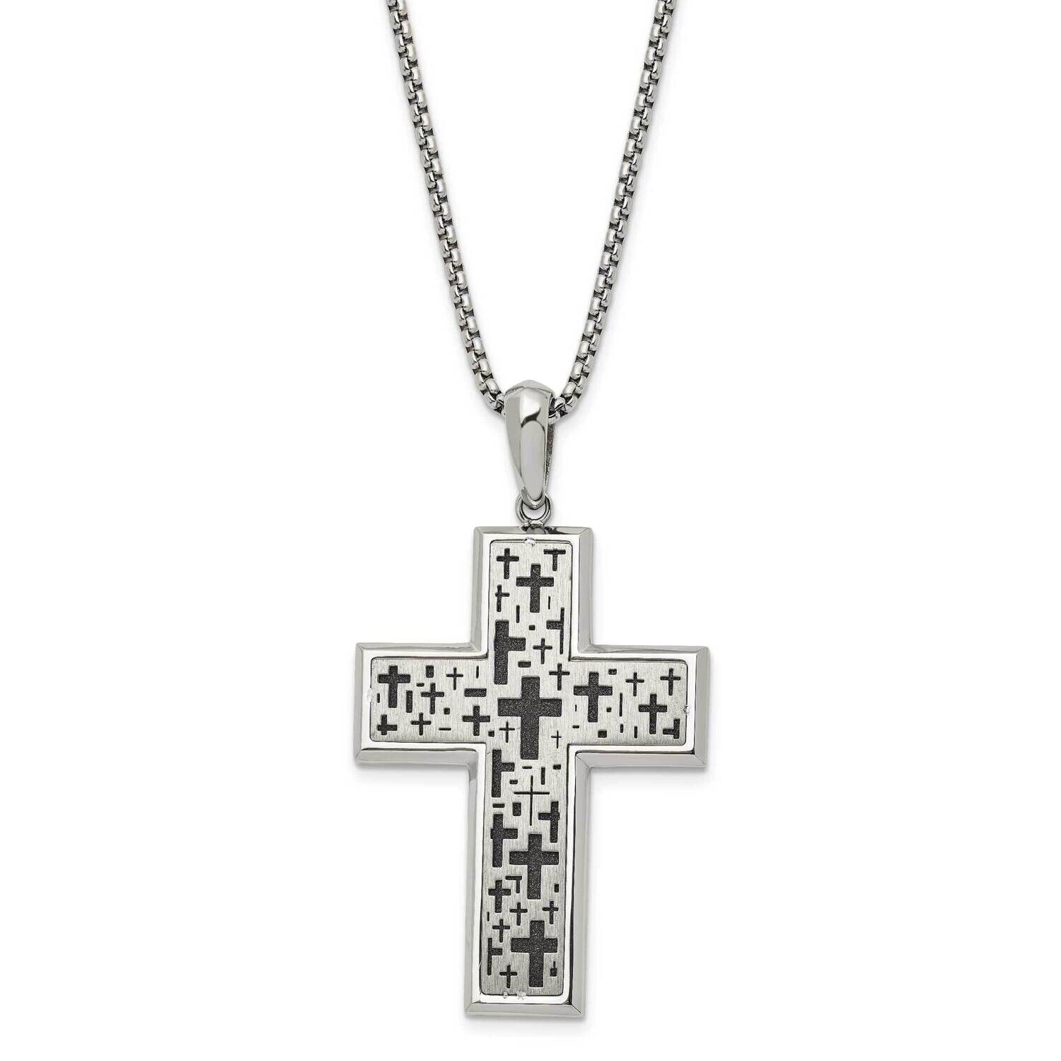 Chisel Brushed Polished Laser Cut Black Ip-Plated Cross Pendant On A 24 Inch Box Chain Necklace Sta…