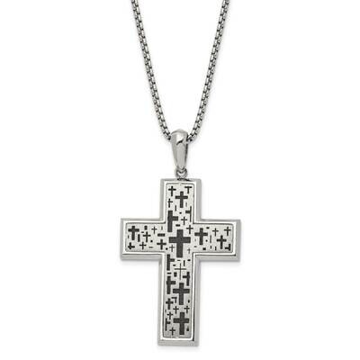 Chisel Brushed Polished Laser Cut Black Ip-Plated Cross Pendant On A 24 Inch Box Chain Necklace Sta…