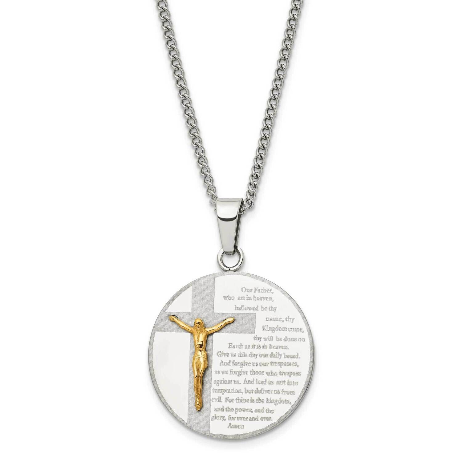 Chisel Brushed Polished Yellow Ip-Plated Lords Prayer Crucifx Pendant On A 24 Inch Curb Chain Necklace Stainless Steel SRN3091-24