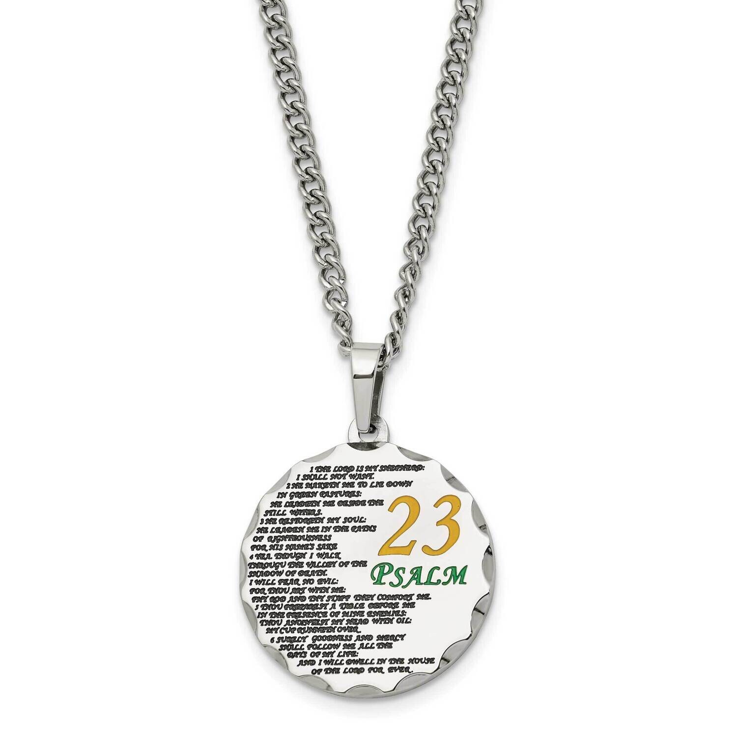 Chisel Polished Acid Etched Psalm 23 Pendant On A 24 Inch Curb Chain Necklace Stainless Steel SRN3095-24