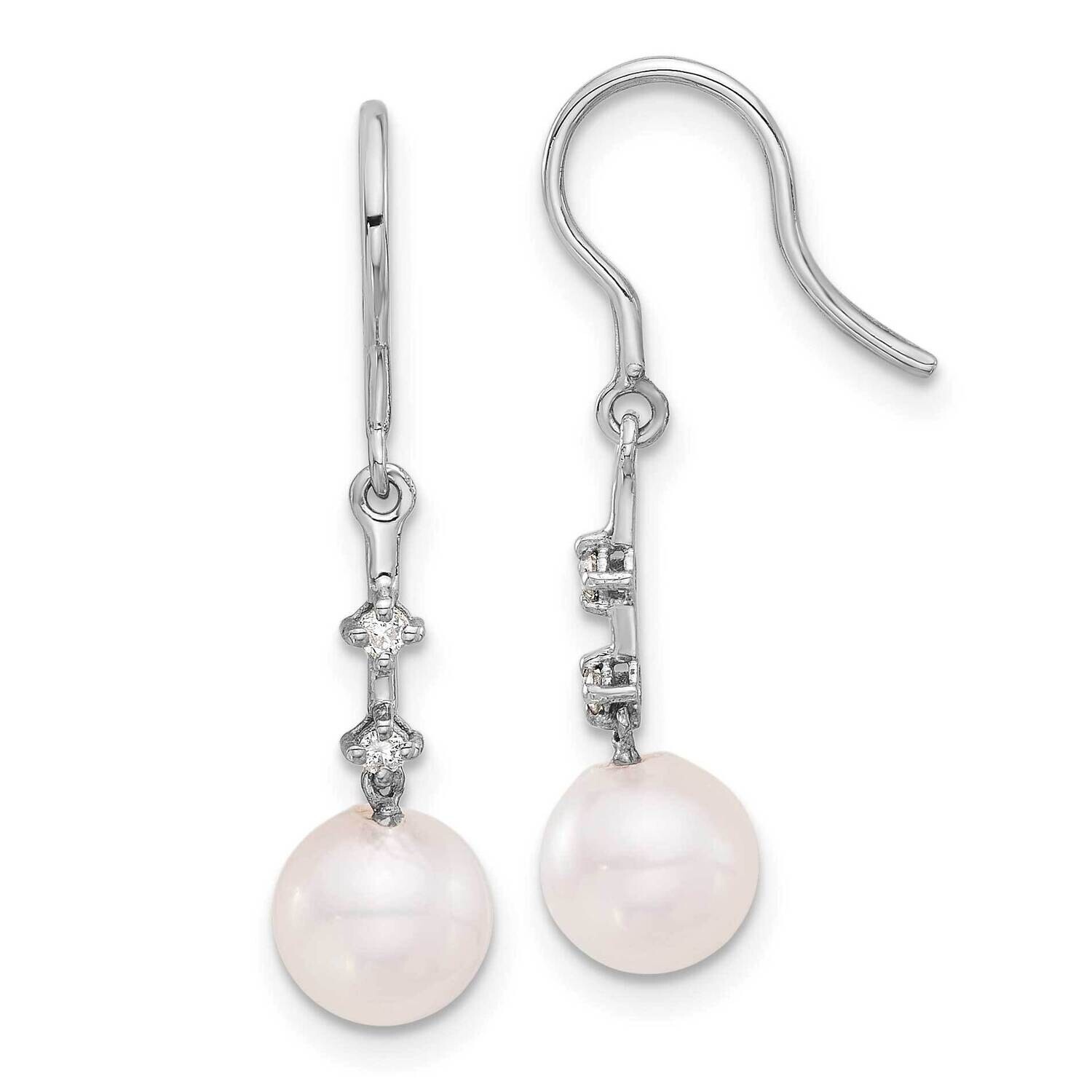 7-8mm White Akoya Pearl .04Ct Diamond Shepherd Hook Earrings 14k White Gold XF839E, MPN: XF839E,