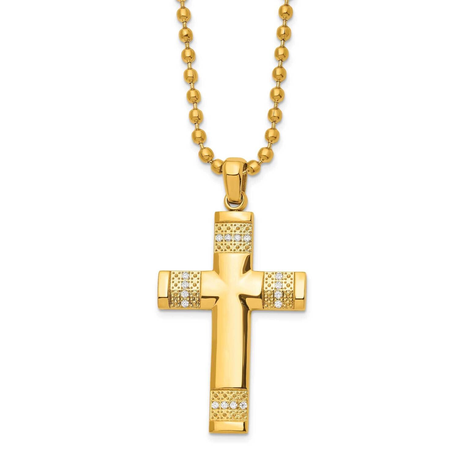 Chisel Polished Textured Yellow Ip-Plated CZ Cross Pendant On A 24 Inch Ball Chain Necklace Stainle…