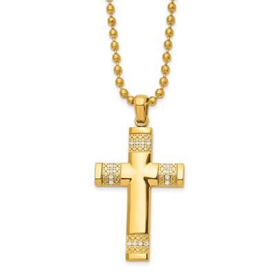 Chisel Polished Textured Yellow Ip-Plated CZ Cross Pendant On A 24 Inch Ball Chain Necklace Stainle…