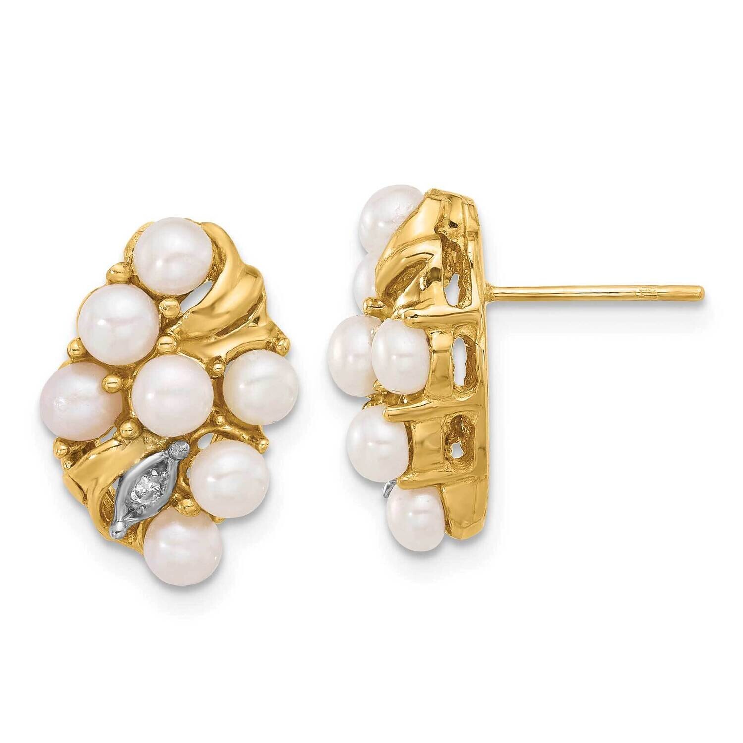 3-4mm Button White Fwc Pearl .02Ct Diamond Post Earrings 14k Gold XF852E, MPN: XF852E,