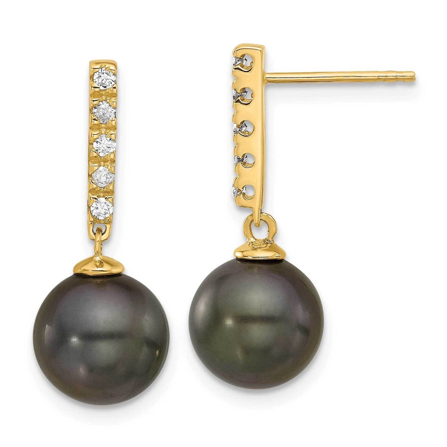 9-10mm Round Black Tahitian Pearl .20Ct Diamond Post Dangle Earrings 14k Gold XF812E