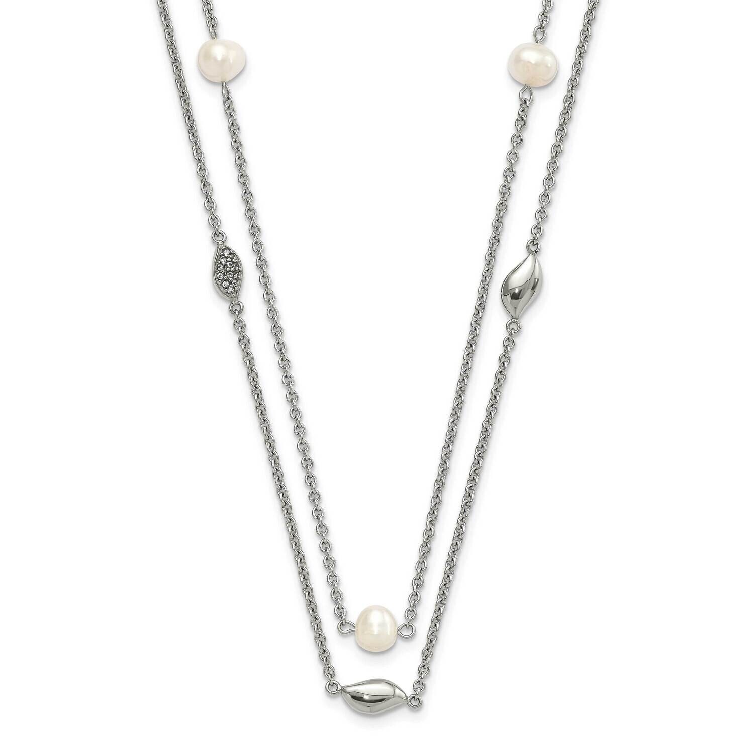 Polished 2 StrFreshwater Cultured Pearls &amp; CZ 2 Inch Extender Necklace Stainless Steel SRN1514-39 b…